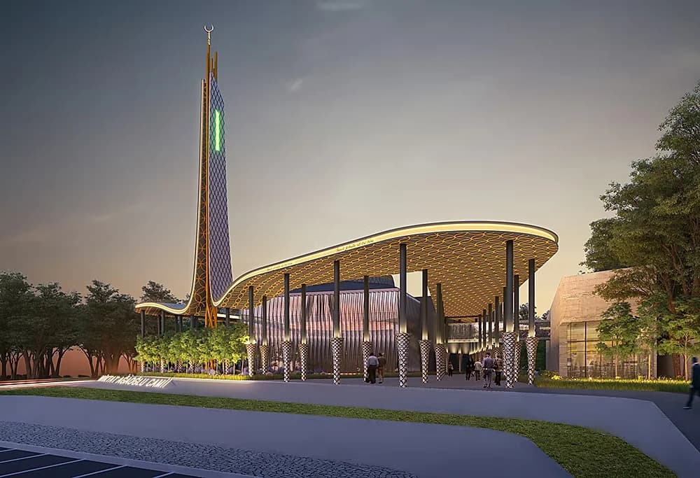 Visualisation of a mosque at dusk, an illuminated minaret with a crescent finial standing beside a curved canopy roof