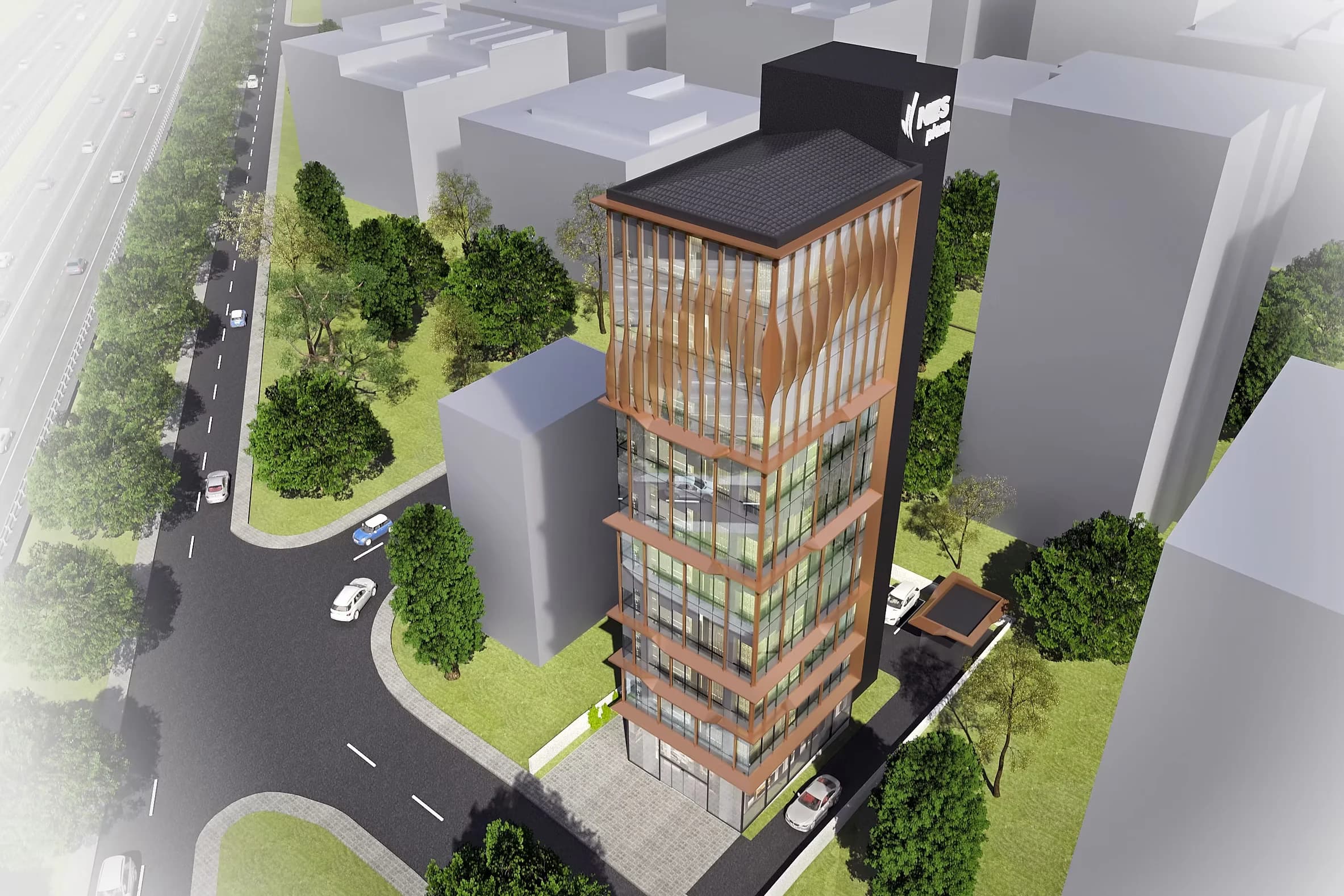 Aerial visualisation of the building on its corner plot, timber-toned reveals over a glazed base