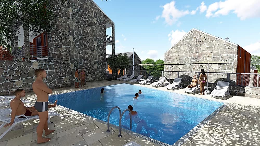 Visualisation of the pool terrace with loungers between two stone gabled houses