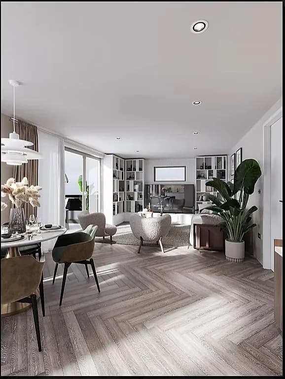 Visualisation of an open-plan living and dining room with herringbone flooring