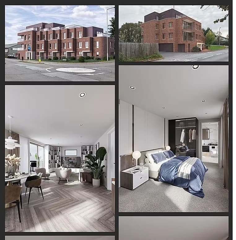 Sheet of visualisations showing the building from two streets with interior views
