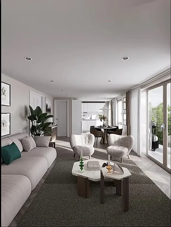 Visualisation of a living room opening onto a balcony through full-height glazing