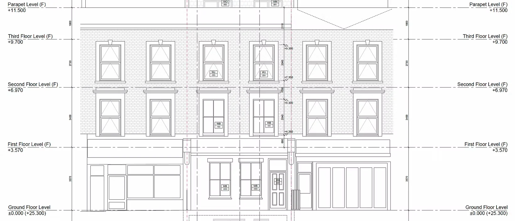 Proposed front elevation with floor levels marked from ground to parapet