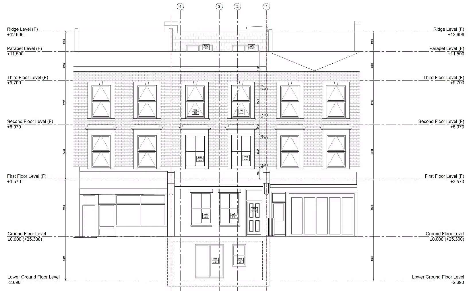 Proposed front elevation showing the shopfront, three upper storeys and the lower ground floor