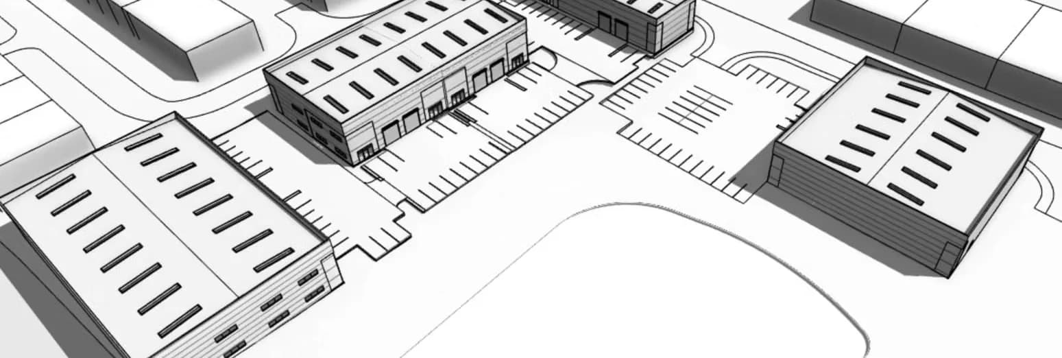 Line axonometric of the estate showing the units, service yards and parking bays