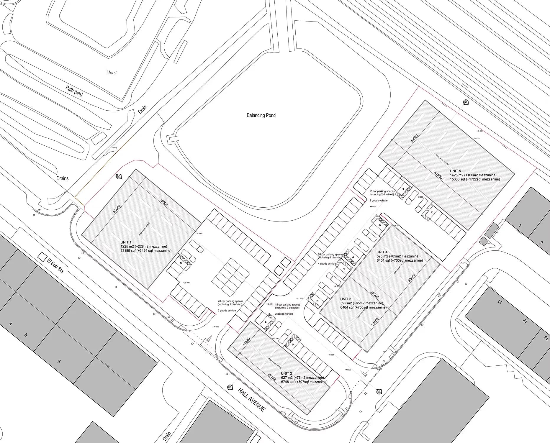 Site plan showing the unit footprints, parking, balancing pond and access from Mill Avenue