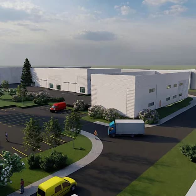 Visualisation of the units from the access road, with delivery vehicles and landscaped parking