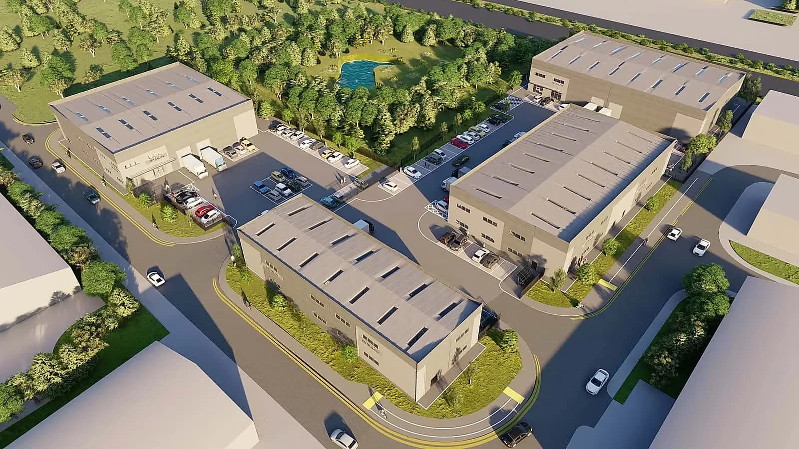 Aerial visualisation of the estate, three ranges of units around a shared service yard