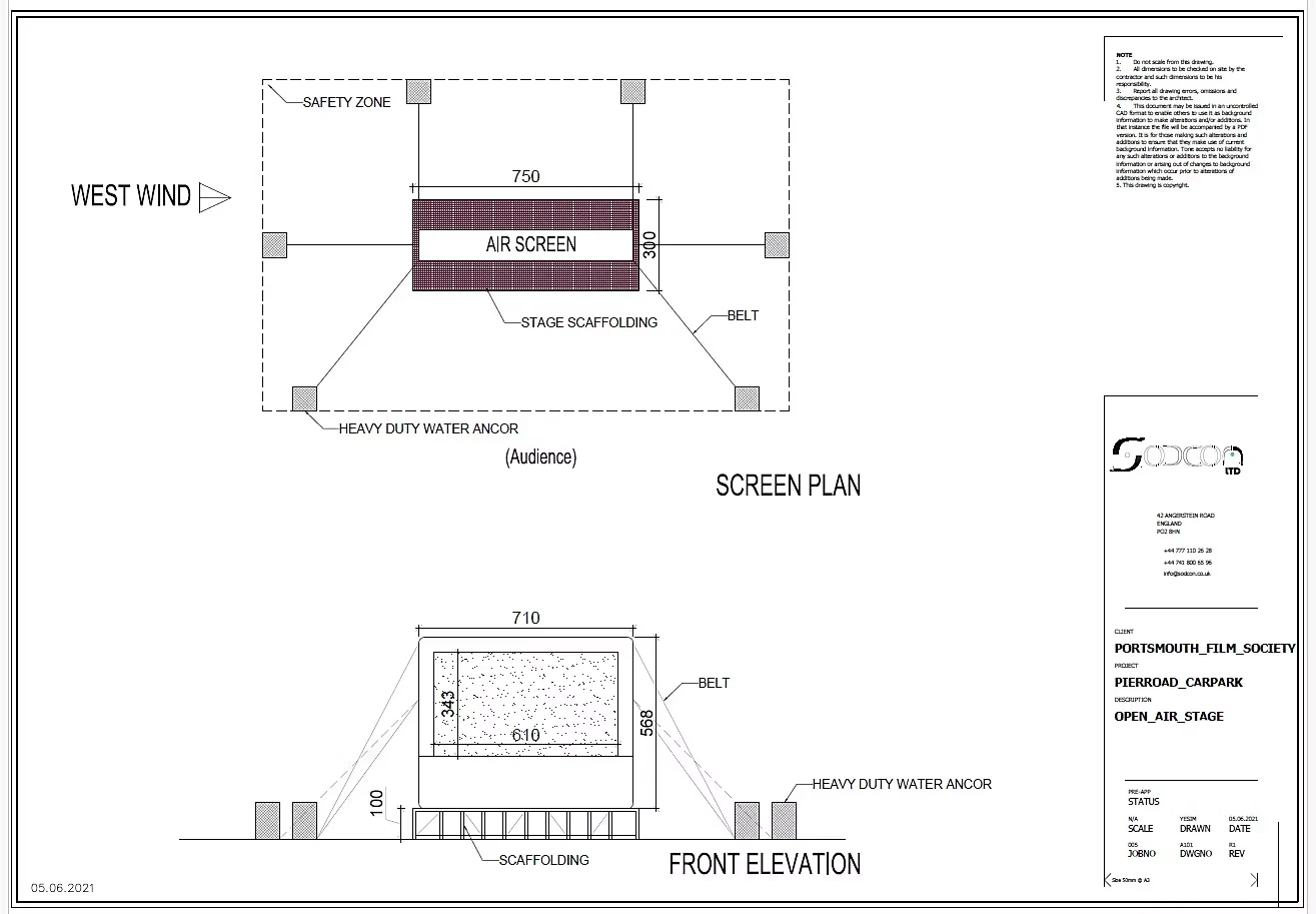 Screen plan and front elevation showing the air screen, scaffolding, belts and water anchors