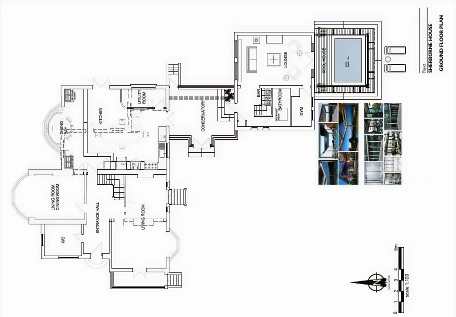 Ground floor plan showing the living rooms, conservatory, gym and pool house, with interior photographs inset