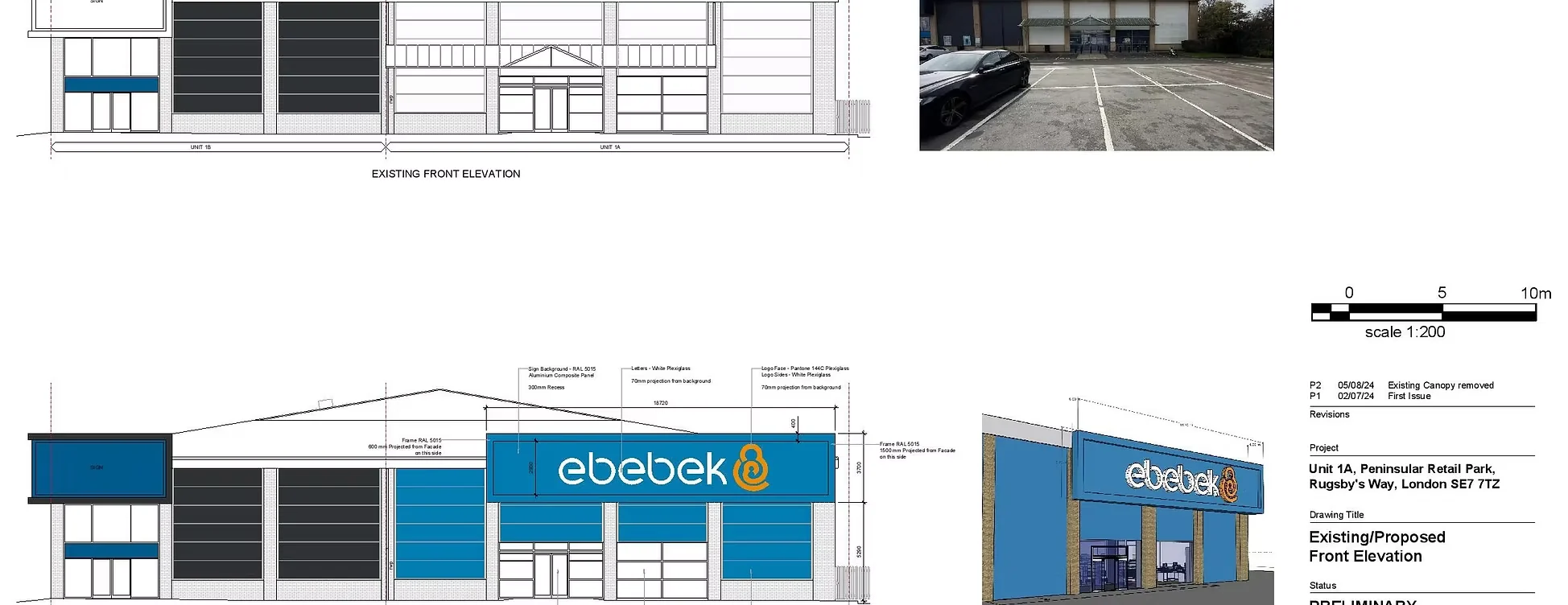 Existing and proposed front elevations for the retail unit, showing the blue shopfront fascia