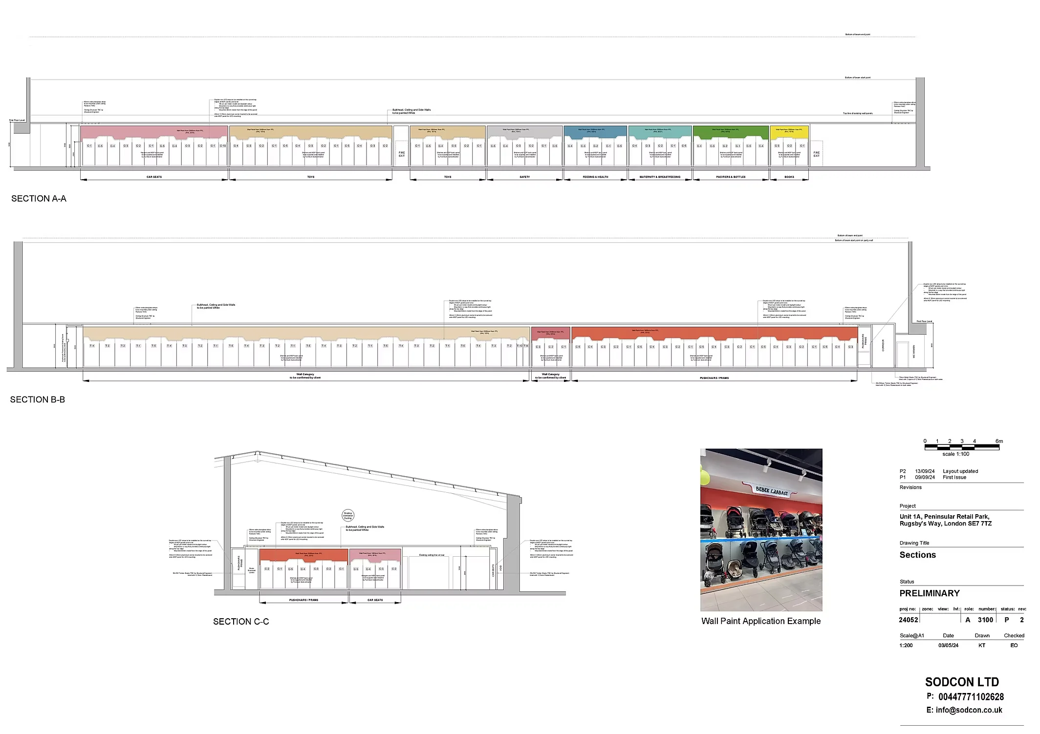 Long and cross sections through the retail unit with a wall paint application example