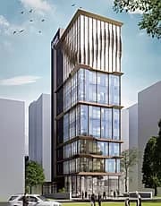 Visualisation of a slender glazed office tower with vertical timber louvres