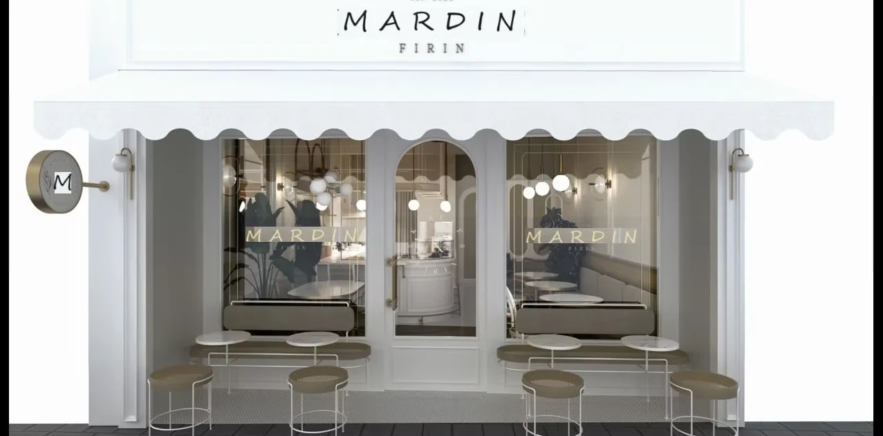 Visualisation of the shopfront elevation with stools at the window counters
