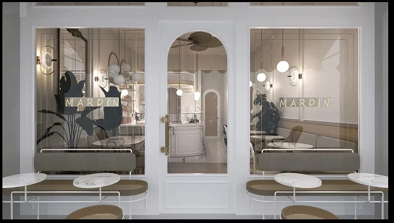 Visualisation of the entrance doors seen from inside, with seating either side