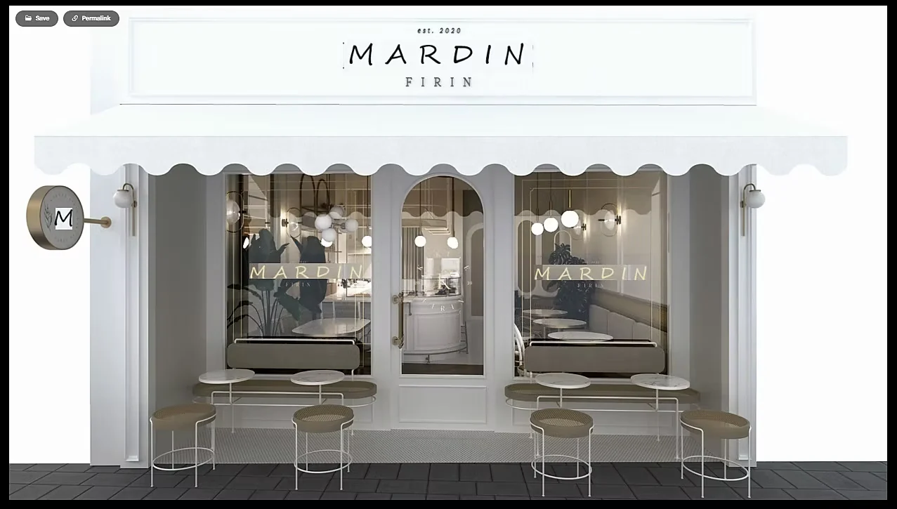 Visualisation of the glazed frontage from the pavement, with stools at the window