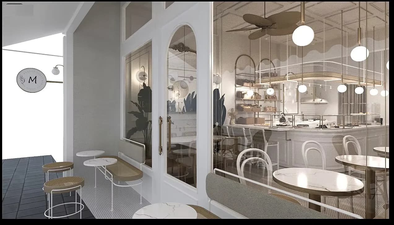 Visualisation of the corner seating and counter through the glazed shopfront