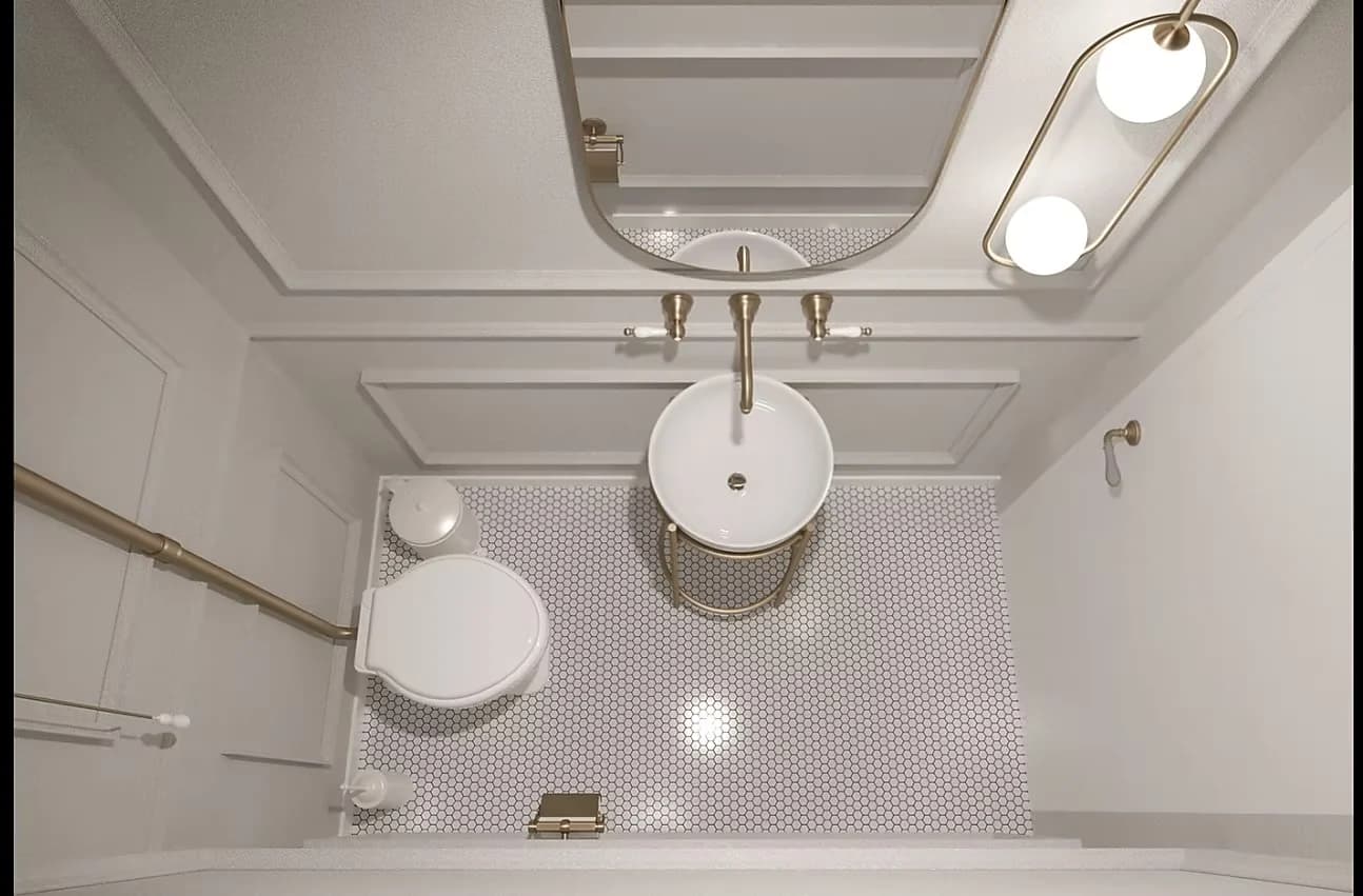 Visualisation of the counter and shelving beneath a cluster of globe pendants