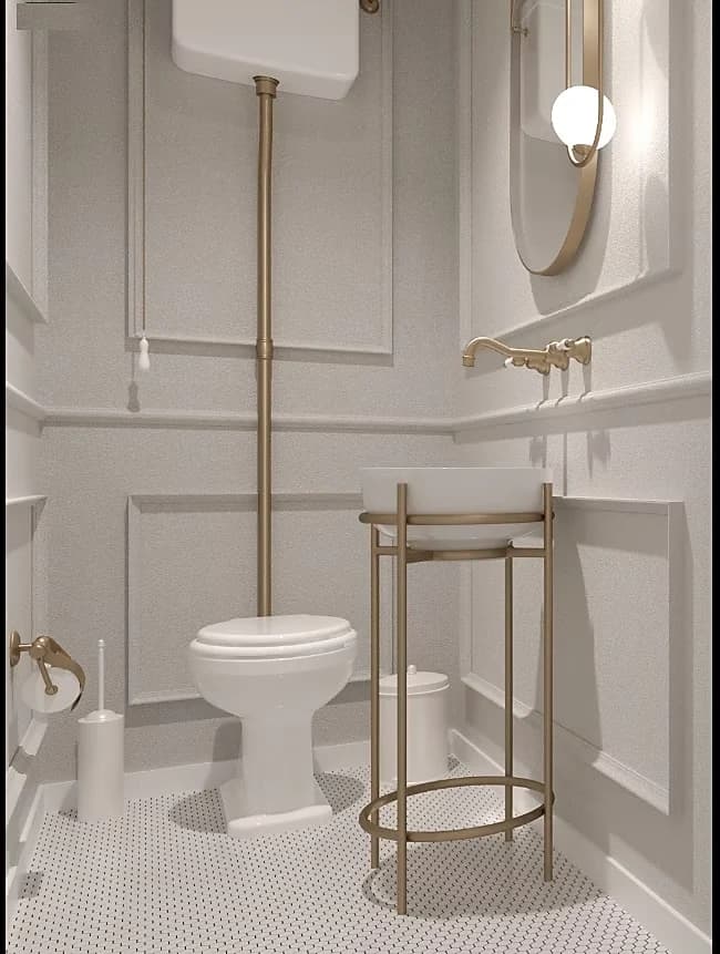 Visualisation of the cloakroom, panelled in white with a brass-framed basin stand