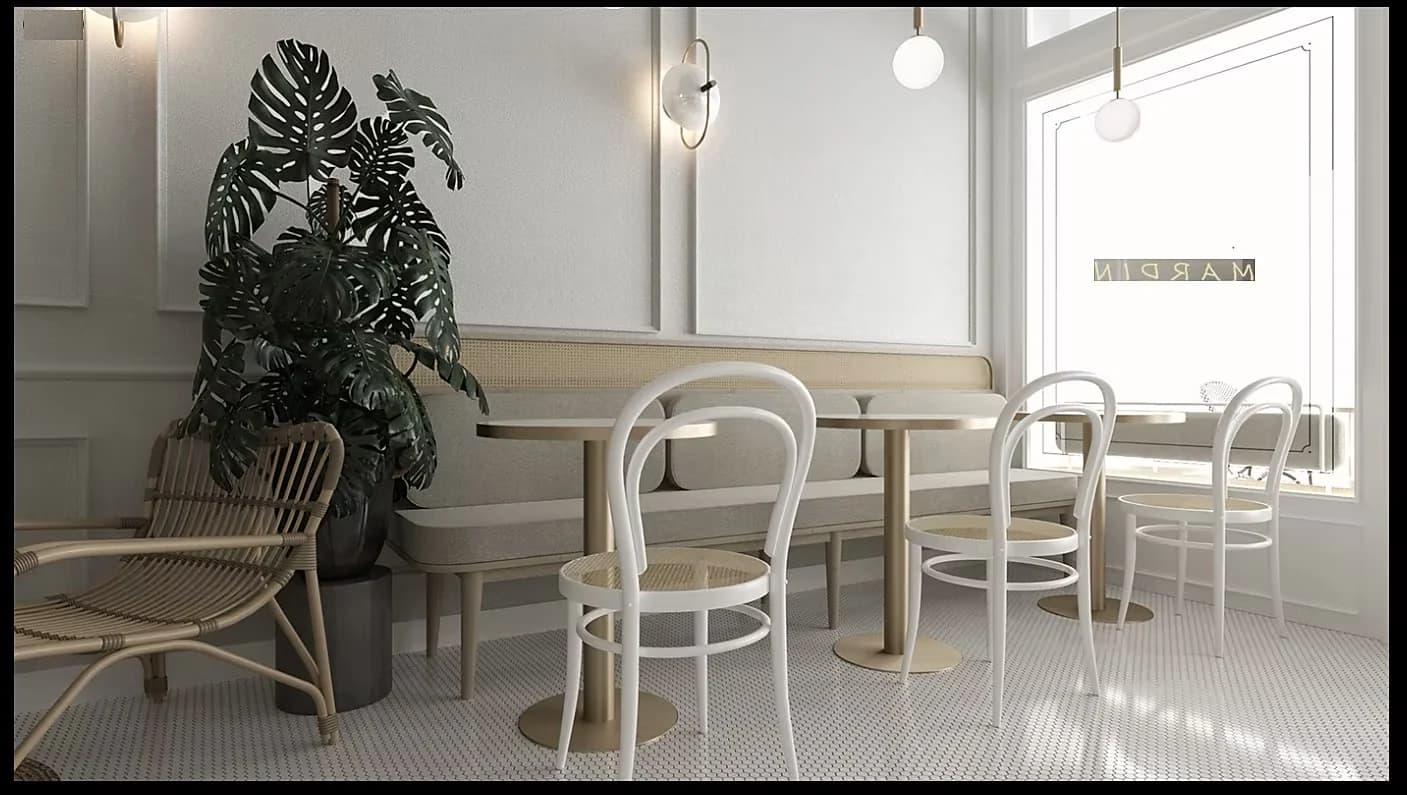 Visualisation of the banquette seating with bentwood chairs and a monstera in the corner