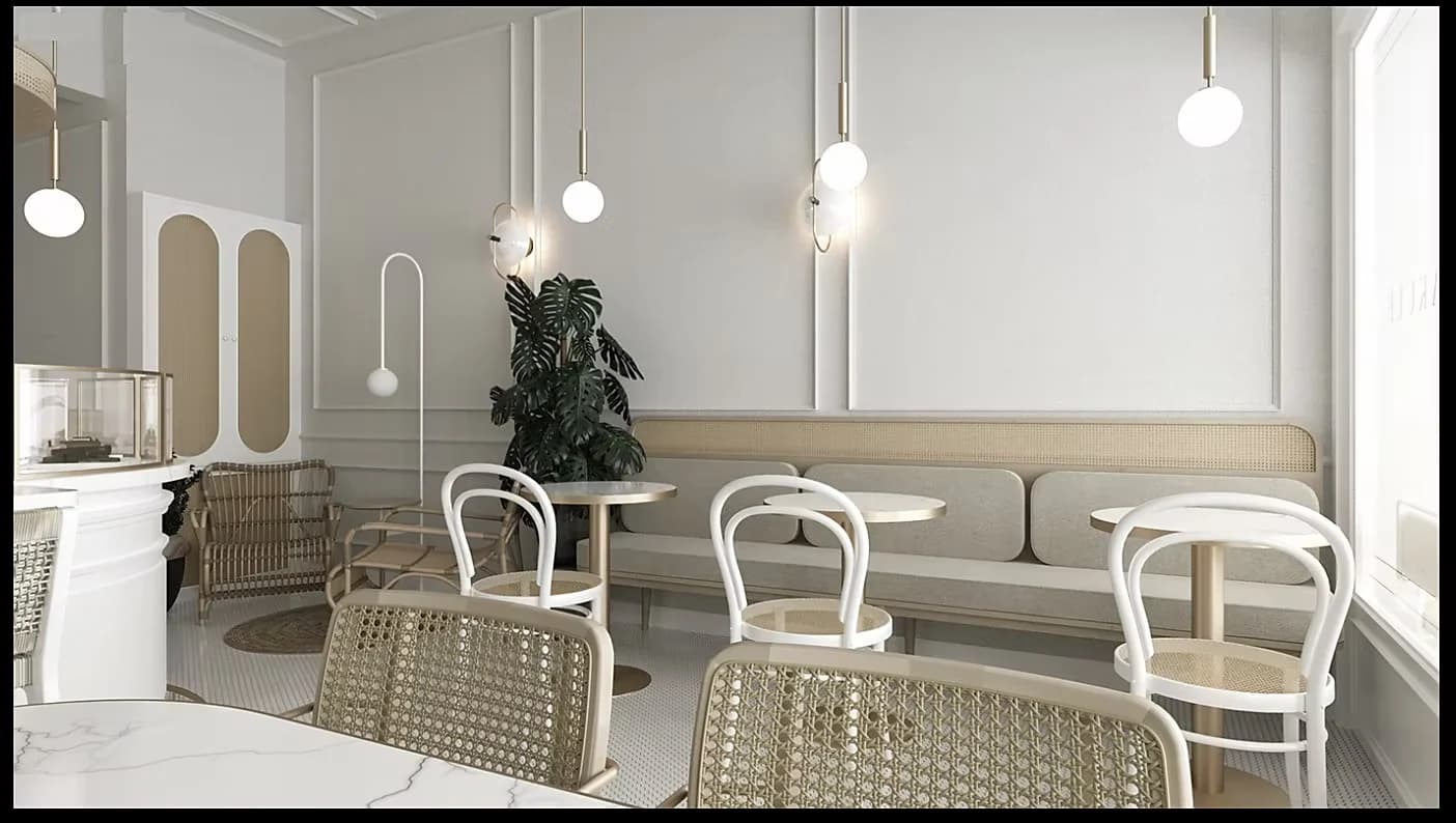 Visualisation of the banquette and panelled wall with globe pendants above marble tables