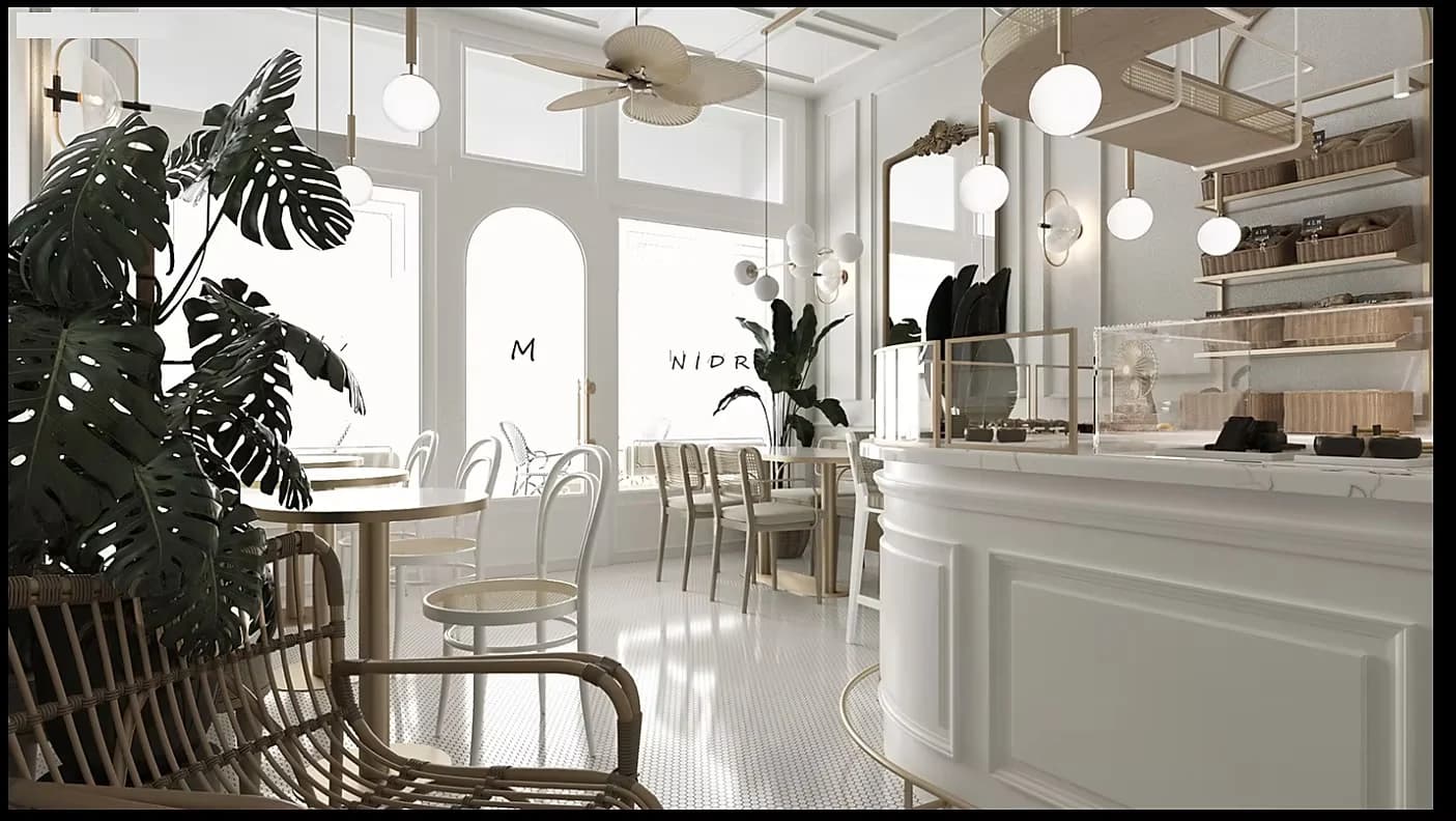 Visualisation of the café interior from the entrance, with a ceiling fan and glazing to the street