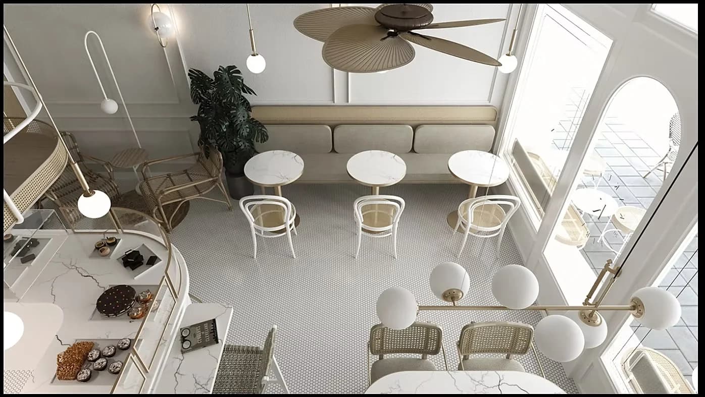 Visualisation looking down over the seating from the mezzanine, with the fan and arched window