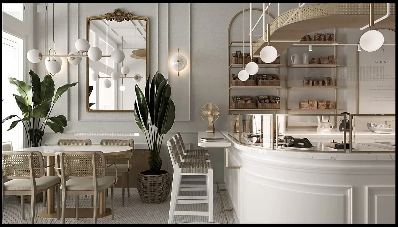 Visualisation of the seating area with cane chairs, a gilt mirror and a bar along the counter