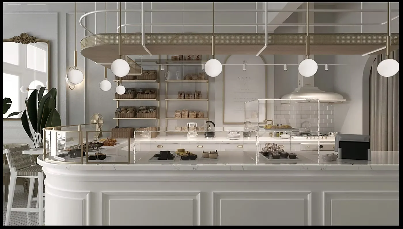Visualisation of the curved service counter with glass display cases and pendant lighting