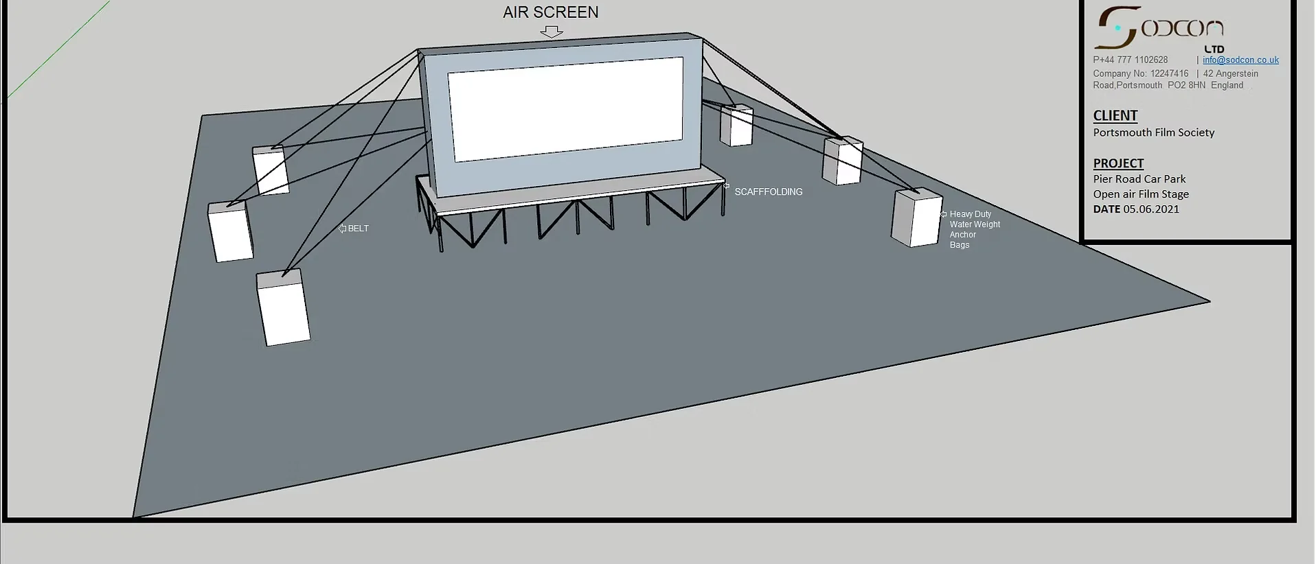Three-dimensional study of the air screen on its scaffolding stage with anchor weights