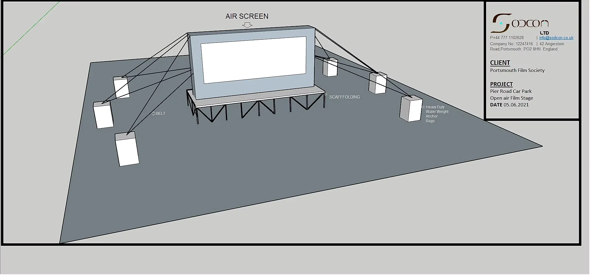 Second three-dimensional study of the stage showing the belt runs to the anchors