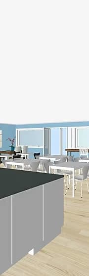 Interior visualisation of a café with a service counter in the foreground and glazing onto the sea